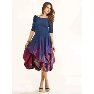 Luna Luz Belleza $235 Blue Feather Tie Dye Lagenlook Bustled Midi Dress SZ L